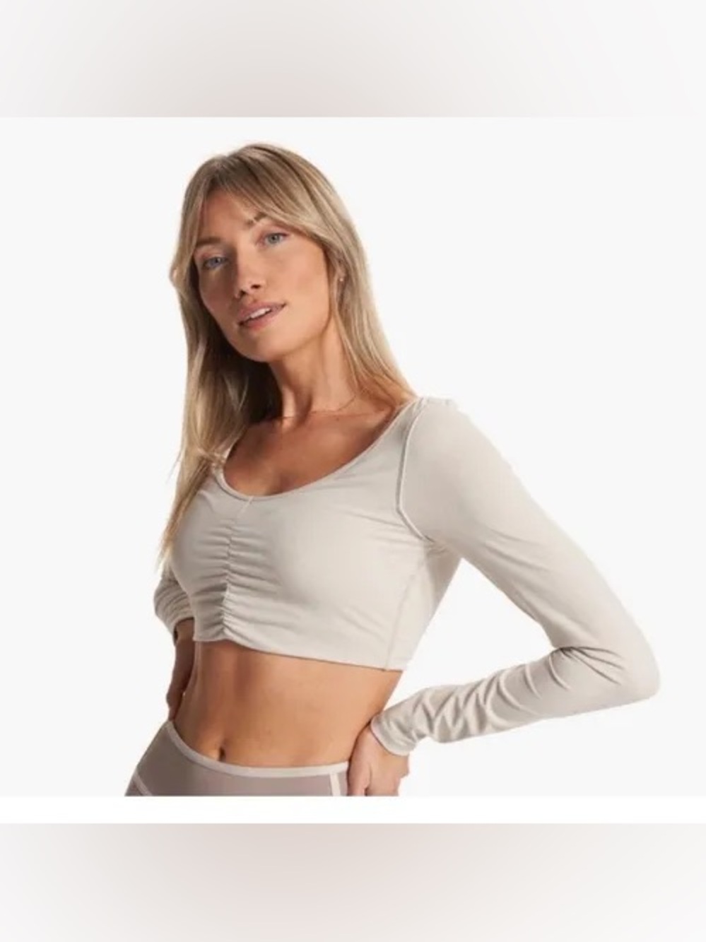 Vuori Long Sleeve Ruched Bra in Suede Size Small Grey Beige Scoop Neck Cropped